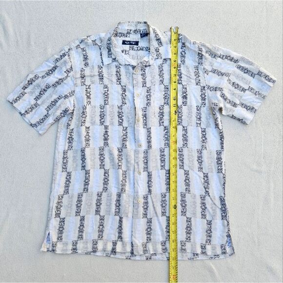 Puritan Beige White and Black Tiki Men's Short Sleeve Button Up Shirt - Picture 2 of 6